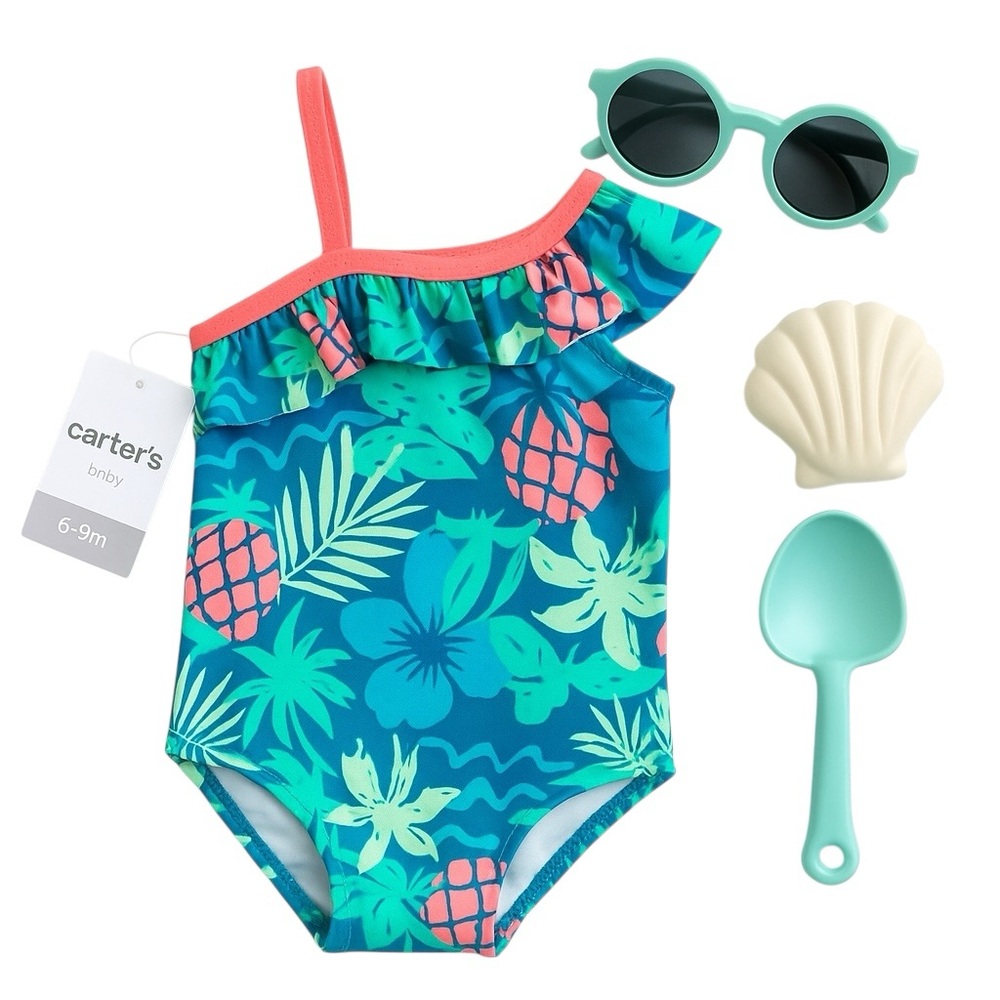 Carters Baby Girl Teal Pineapple Tropical One Shoulder Swimsuit 6-9M Ruffle NWT